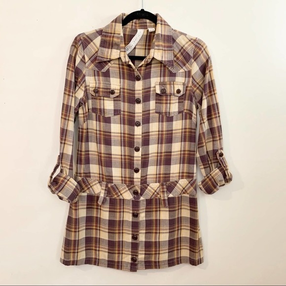 NICK AND MO Brown Plaid Button Up Tunic Shirt - Picture 1 of 6